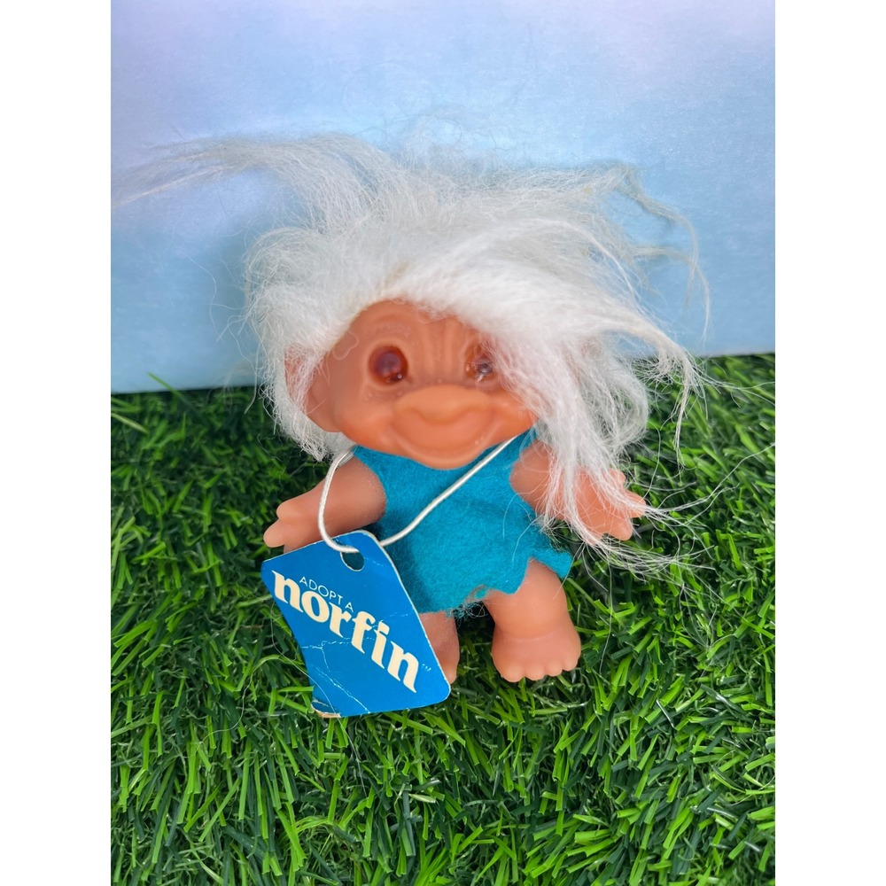 Vintage Norfin Troll Doll White Hair Amber Eyes Blue Outfit with Tag Collectible